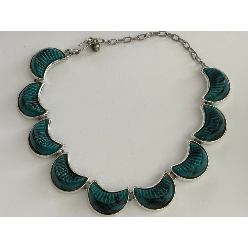 Vintage Silver Tone Collar Necklace Green Unsigned